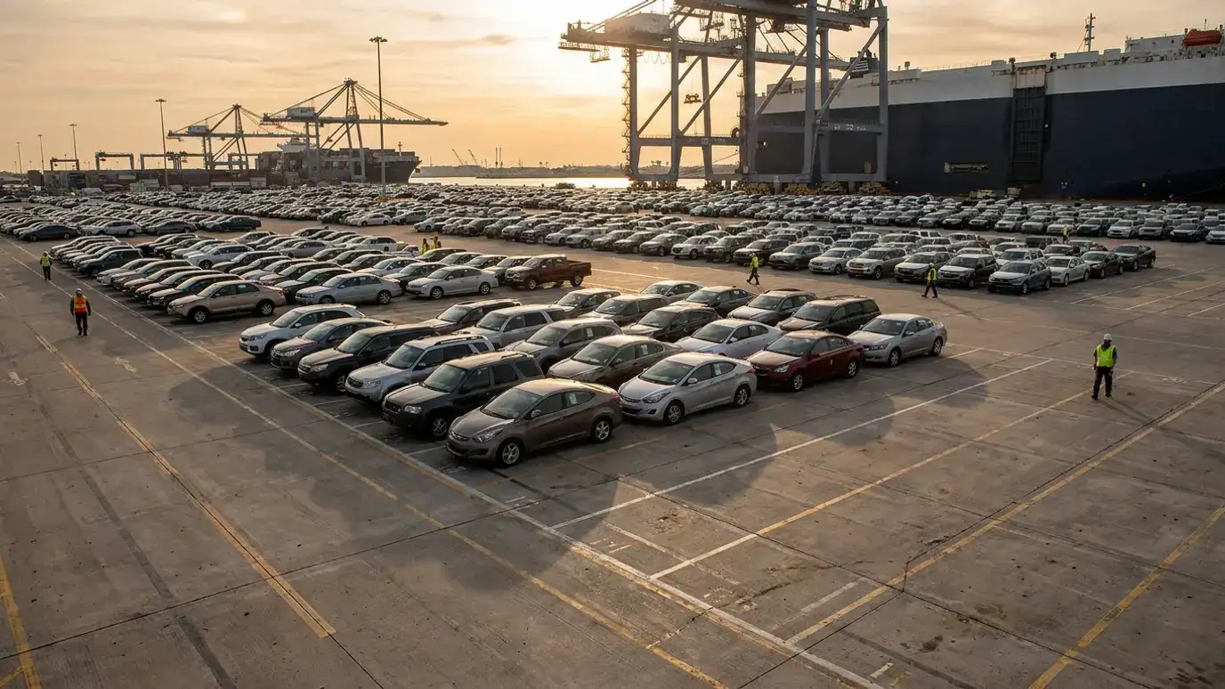 Hundreds of used vehicles staged in rows on a vehicle terminal at sunset, gantry cranes overhead and a car carrier alongside the berth beyond them