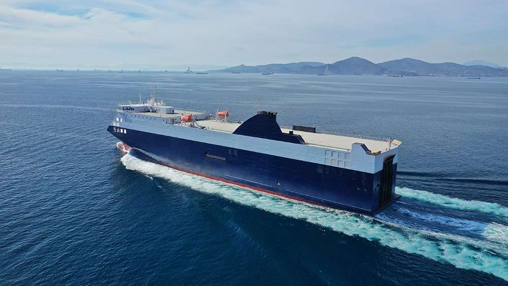 A container vessel under way at sea