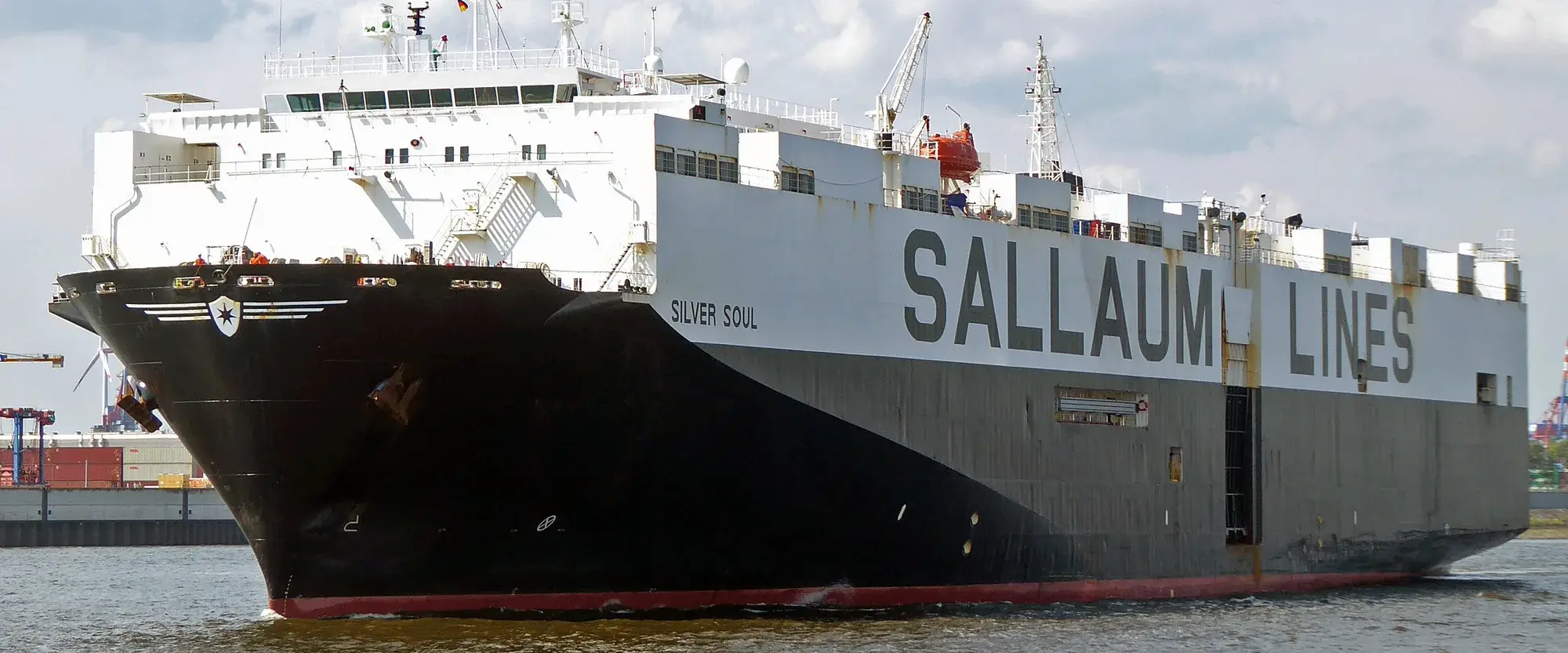 The Sallaum Lines vehicle carrier Silver Soul under way at Hamburg, SALLAUM LINES in large letters along the white band of her hull
