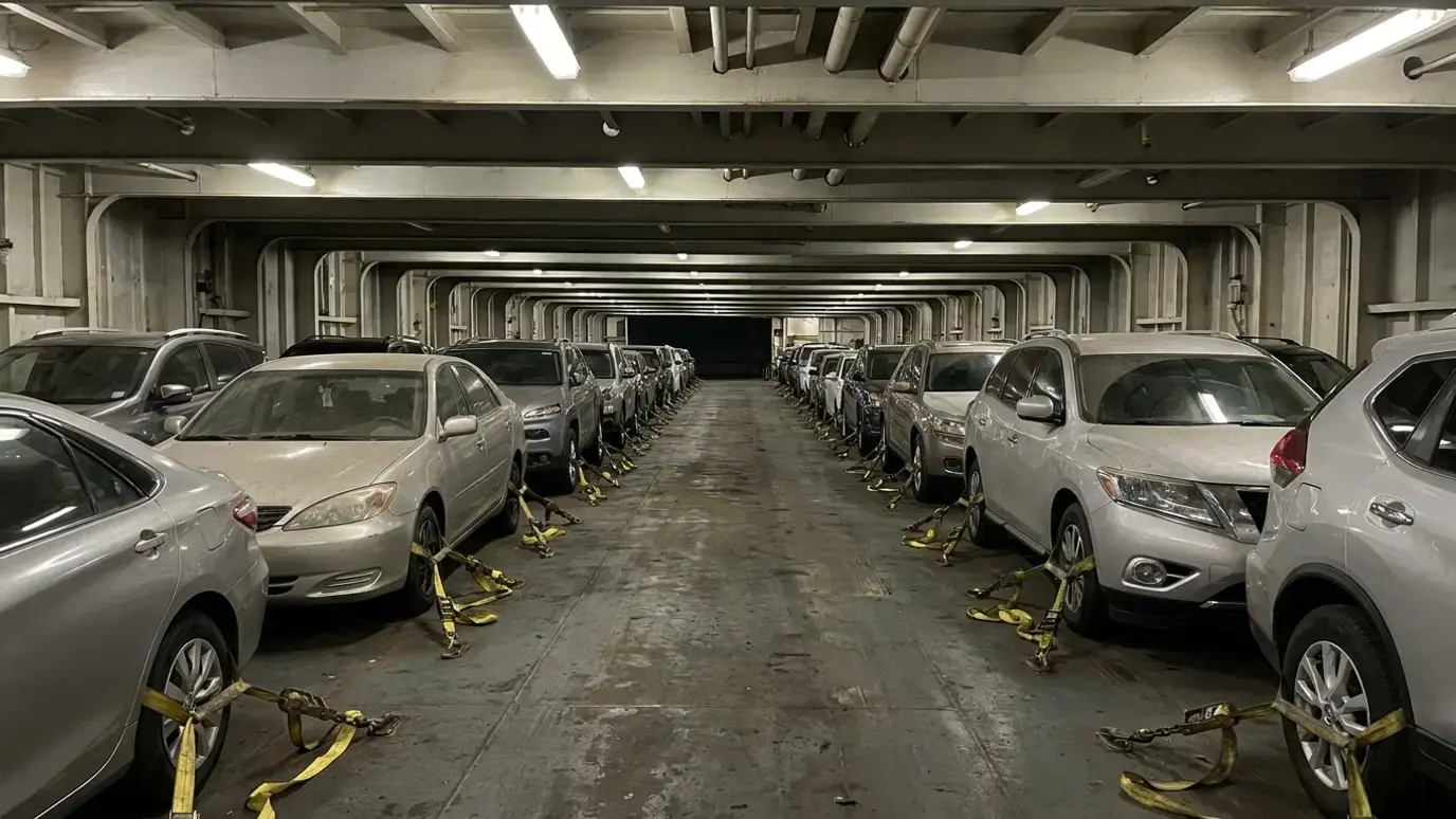 Used cars parked in tight rows on the enclosed vehicle deck of a car carrier, each strapped to the deck at the wheels