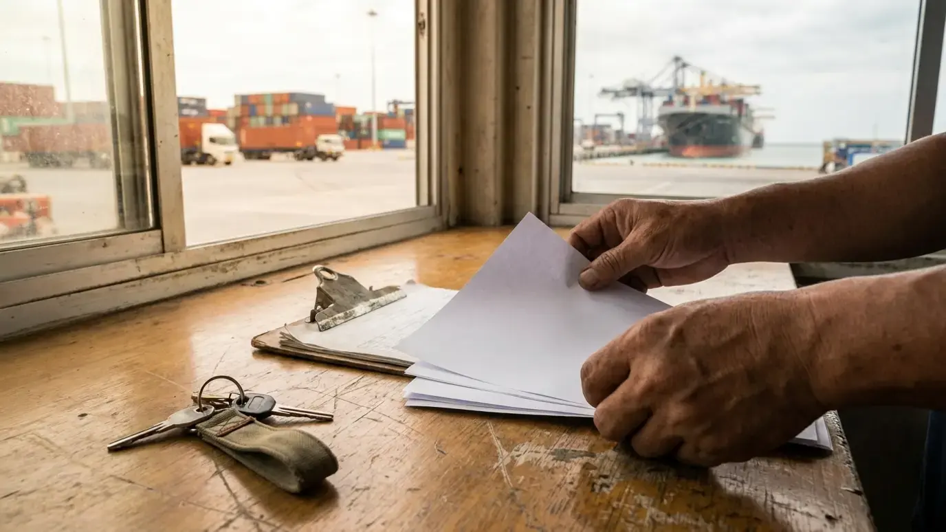 Hands arranging blank printed documents on a desk next to a clipboard and car keys in a port terminal office