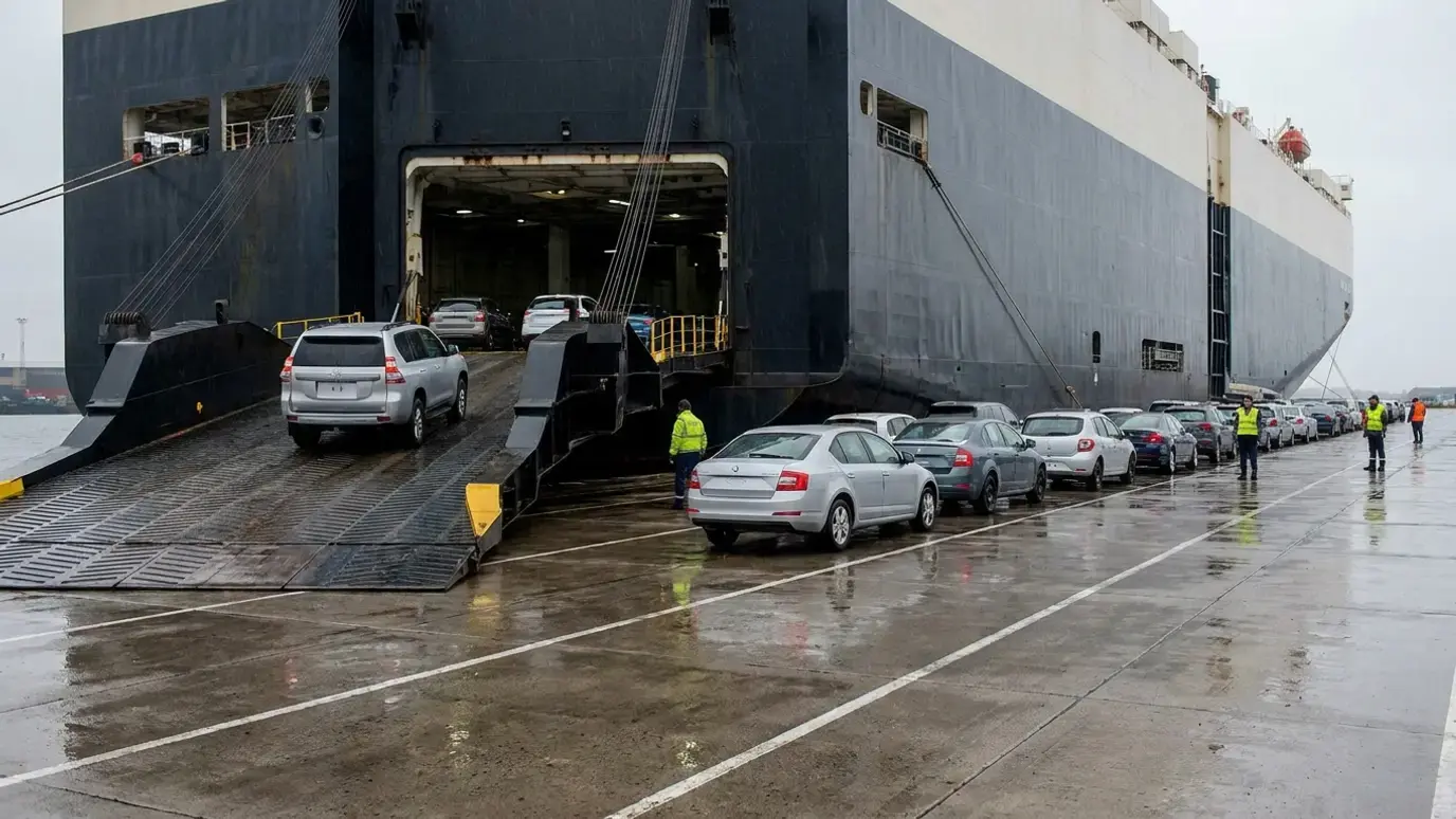 Used cars queued on a wet quay beside the open stern ramp of a car carrier, one driving aboard